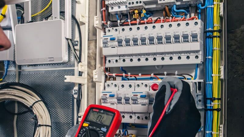 Ein Elektriker mit Handschuhen und Helm überprüft mit einem Multimeter die Verbindungen in einem offenen Schaltschrank voller bunter Drähte und Leistungsschalter. Im Hintergrund sind weitere elektrische Geräte und Kabel zu sehen.