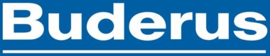 Blaues rechteckiges Logo mit dem Wort Buderus in fetter weißer Schrift über einer dünnen weißen Linie.