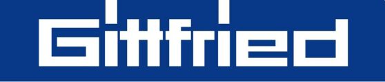 Logo der Firma Gittfried in fetter, weißer geometrischer Schrift auf blauem Hintergrund.
