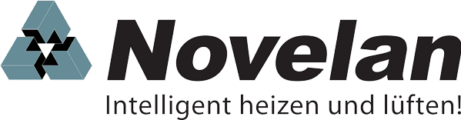 Logo der Firma Novelan mit drei ineinandergreifenden Dreiecken auf der linken Seite und dem Text Novelan in fetten schwarzen Buchstaben. Darunter steht in kleineren grünen Buchstaben „Intelligent heizen und lüften!“.