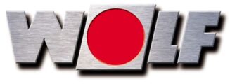 Das Bild zeigt ein metallisches Logo der Firma WOLF in Großbuchstaben. Der Buchstabe O wird durch einen leuchtend roten Kreis ersetzt.