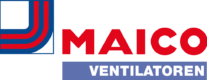 Logo der Firma Maico Ventilatoren mit einem stilisierten Design mit blauen und roten geometrischen Formen auf der linken Seite und dem Text MAICO in fetten roten Buchstaben. Darunter steht VENTILATOREN in Weiß auf blauem Hintergrund.