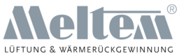Logo von der Firma Meltem mit den Worten LÜFTUNG & WÄRMERÜCKGEWINNUNG darunter in Großbuchstaben. Das Design ist in Grau auf transparentem Hintergrund.